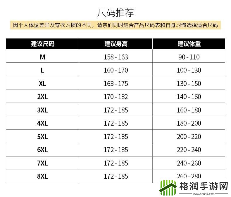 衣服尺寸标号对照表xl