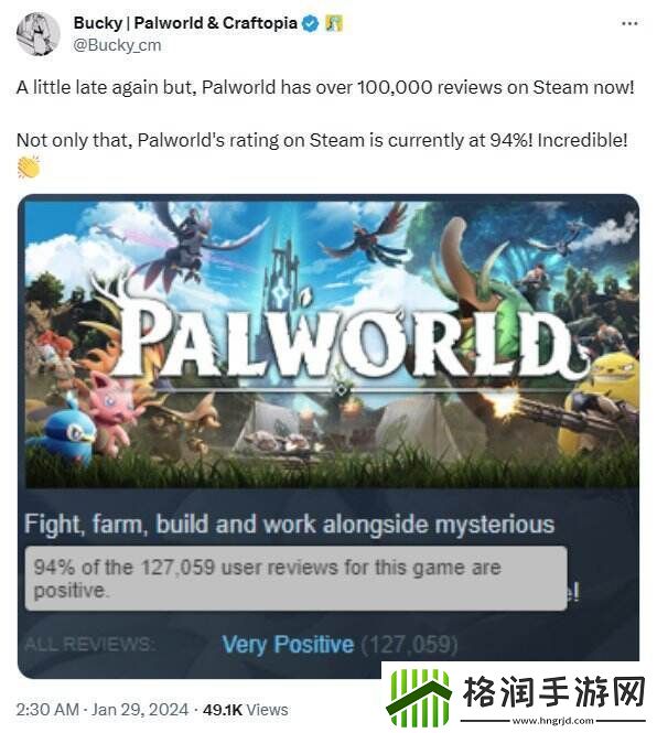 幻兽帕鲁Steam好评率稳步上升距好评如潮仅差1%
